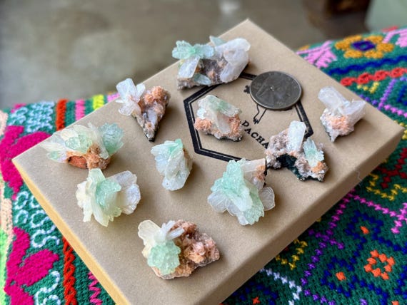 Green Apophyllite Quartz & Stillbite Lot, 10 Pcs, Heart and Crown Chakra, India A539