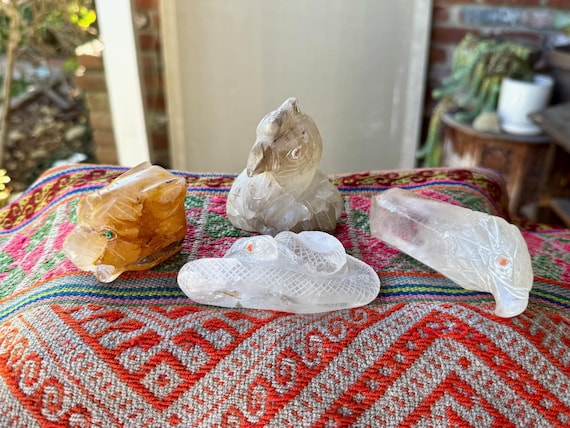 Shamanic Animal Totems, Jaguar, Condor, Snake & Eagle, Hand Carved from Native Quartz in Peru