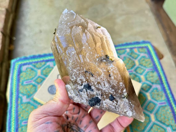 Smoky Citrine Cathedral Quartz with Green Tourmaline and Trigonic Imprints, 1+ Kilo, Cruzeiro Mine, Minas Gerais, Brazil W599