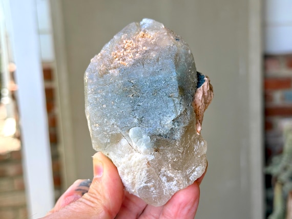 Citrine with Blue Tourmaline & Feldspar, 402g, Old Find, Channeling and Mediumship, Jenipapo, Minas Gerais, Brazil V526