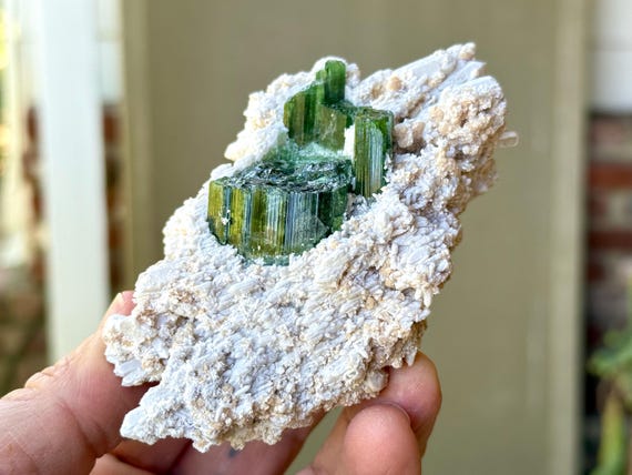 Green Tourmaline in Quartz, White Mica, 234g, Old Find, Heart Chakra, Ouro Fino, Minas Gerais, Brazil W638