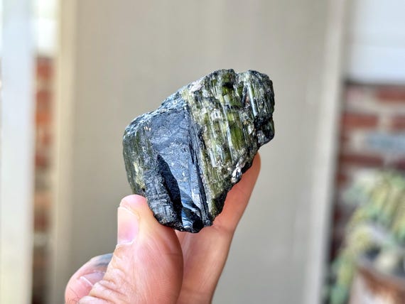Green Tourmaline, Cat's Eye Iridescence with Black Core, 65g, Heart Chakra Crystal, Minas Gerais, Brazil S310