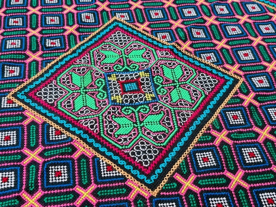 Shipibo Manta Cloth, Handmade in the Peruvian Amazon, 30" x 29," Embroidered Shamanic Mesa Cloth for Ceremony, Artist Laura Rengifo