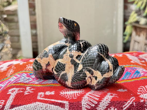 Black Onyx Serpent by Peruvian Artist Ozwaldo Perez, Hand Carved Snake from Solid Black Onyx and Septarian Stone in Peru's Sacred Valley