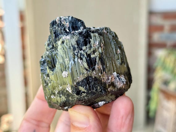 Bicolor Cat's Eye Tourmaline, Green Tourmaline with Black Core, 299g, New Find, Heart Chakra Crystal, Minas Gerais, Brazil W100