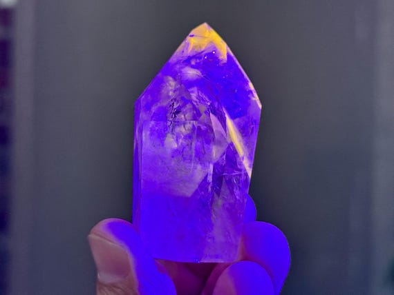 Powellite Phantom Quartz with Ametrine, UV Reactive & Self-Standing, 92g, New Find, Channeling Formation with Rainbows, Bahia, Brazil T221