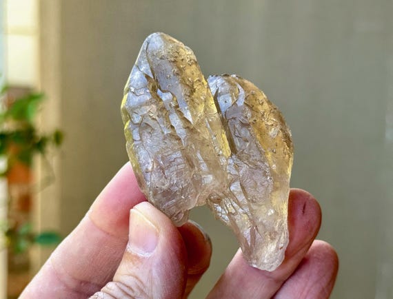 Smoky Elestial Citrine, Tantric Twin Formation with Etched Textures, 88g, Aracuai, Minas Gerais, Brazil S397