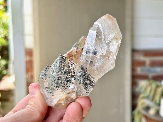 Himalayan Cathedral Quartz with Green Chlorite, Self-Standing, 278g, High Altitude Crystal for Heart Healing and Purification, India W809