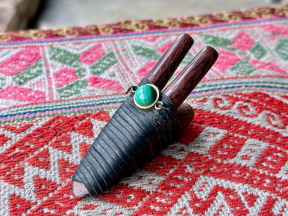 Double Kuripe Pipe with Malachite, Traditional Shamanic Applicator, Hand Crafted from Natural Tamarind Wood