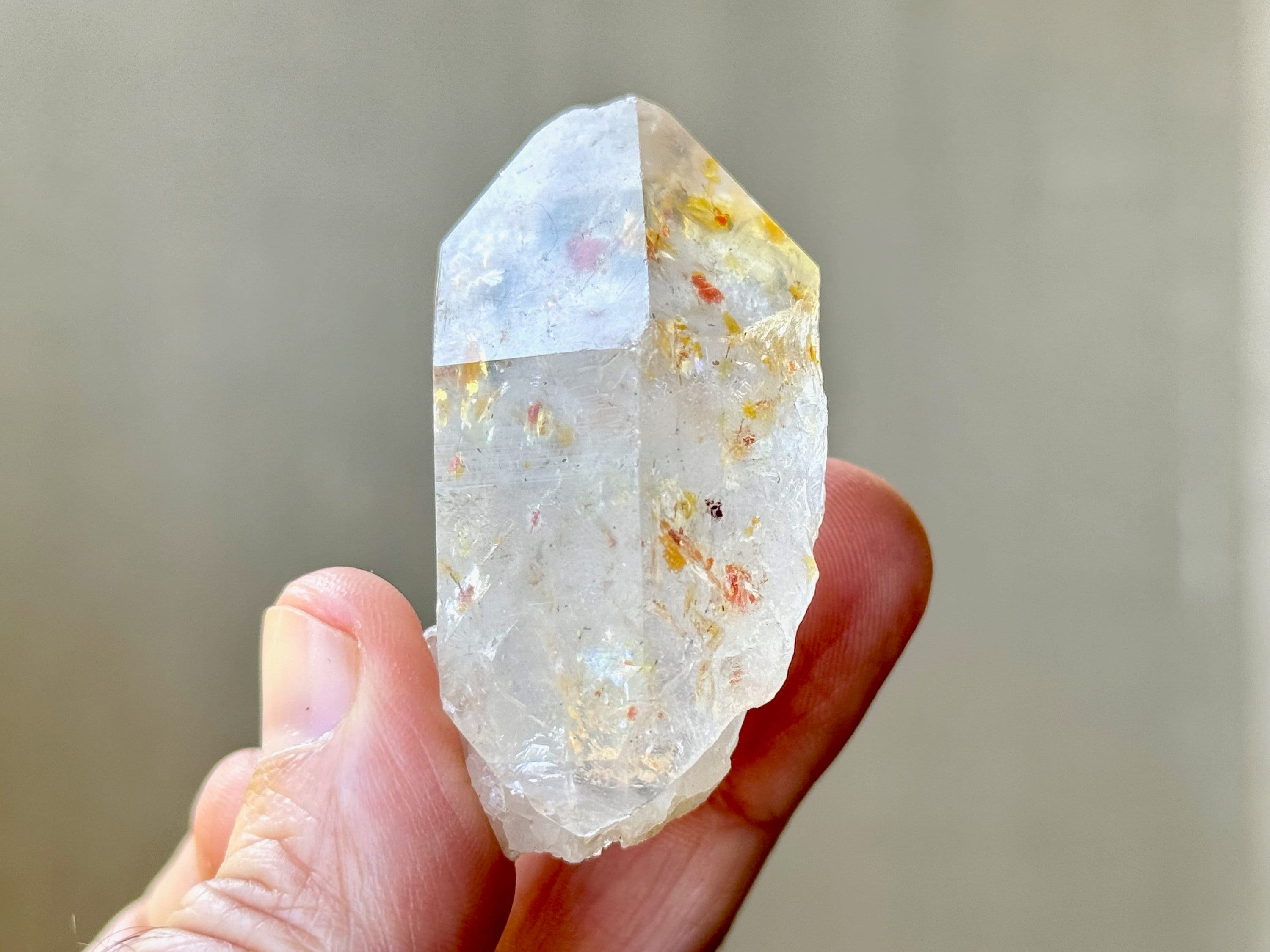Magnesite Quartz Crystal, Water Clear Quartz with Golden and Red Magnesite Inclusions, New Find