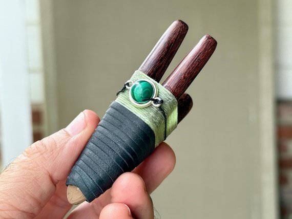 Double Kuripe with Malachite, Traditional Shamanic Applicator Pipe, Hand Crafted from Dark Tamarind Wood