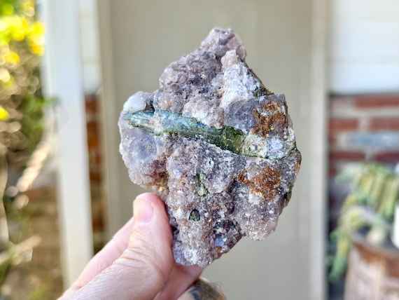 Purple Lepidolite with Green Tourmaline, Self-Standing, 443g, Heart Chakra, Calming Energy, Minas Gerais, Brazil W731