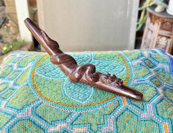 Snake Tepi Pipe, Traditional Serpent Shamanic Applicator Pipe, Hand Carved from a Single Piece of Dark Tamarind Wood