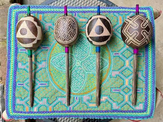Shipibo Gourd Rattle from the Peruvian Amazon, Traditional Shaman Rattle for Plant Medicine ceremony, Made In Pucallpa, Peru
