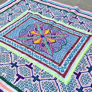 Shipibo Manta Cloth by Maestra Mathilde, Icaro for Achote, 32&quot; x 27&quot;, Embroidered Shamanic Altar Cloth for Plant Medicine Ceremony