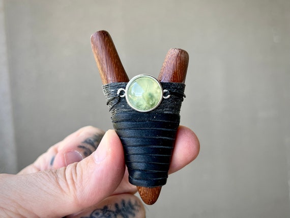 Kuripe, Dark Wood Kuripe with Prehnite, Handcrafted Single Block Shamanic Self-Applicator Pipe