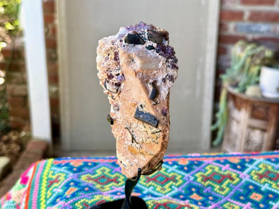 Unicorn Stone, Feldspar with Green Tourmaline & Lepidolite, 441g, All Natural with Stand, Minas Gerais, Brazil V298