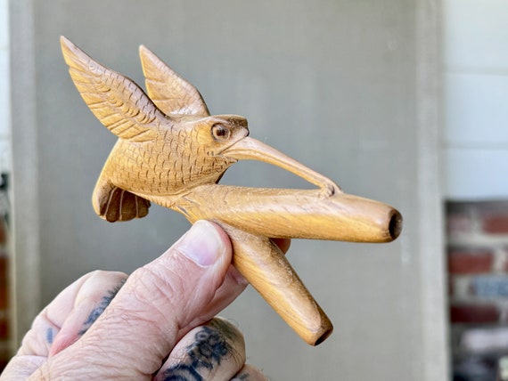 Hummingbird Kuripe, Solid Teak Wood Single Block Kuripe, Hand Carved Shamanic Self-Applicator Pipe