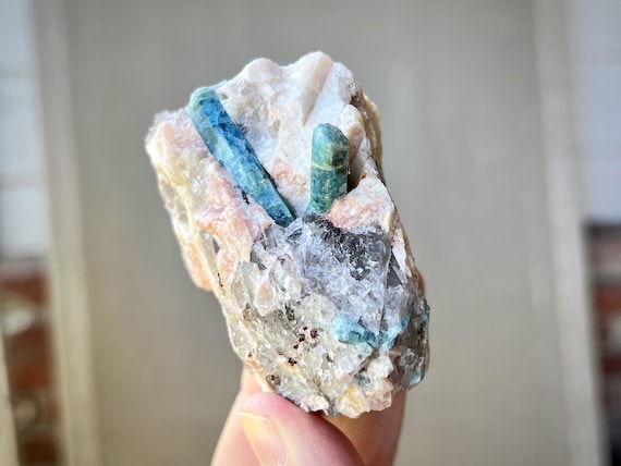 Aquamarine in Pink Feldspar and Smoky Quartz, 217g, Throat Chakra Crystal for Self-Expression, Bahia, Brazil X756
