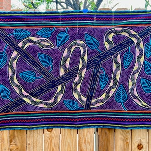 Shipibo Tapestry with Snake, Large Size 56&quot; x 34&quot;, Shamanic Altar Cloth for Plant Medicine Ceremony, Made by Maestra Juanita, Iquitos, Peru