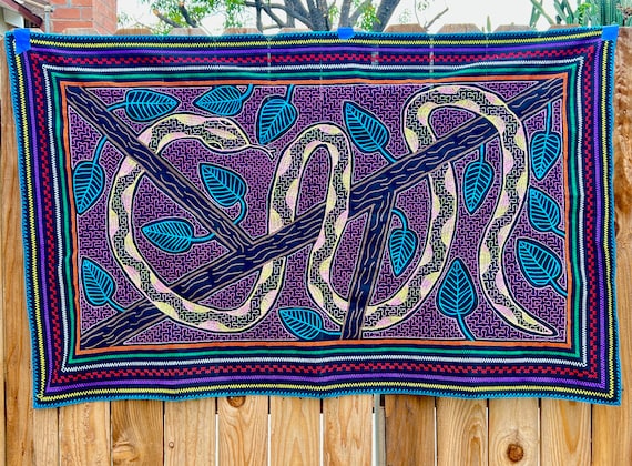 Shipibo Tapestry with Snake, Large Size 56" x 34", Shamanic Altar Cloth for Plant Medicine Ceremony, Made by Maestra Juanita, Iquitos, Peru
