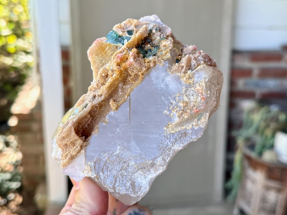 Unicorn Stone Quartz, Blue-Green Tourmaline & Golden Mica Inclusions, Self-Standing, 784g, Aricanga Mine, Minas Gerais, Brazil W364