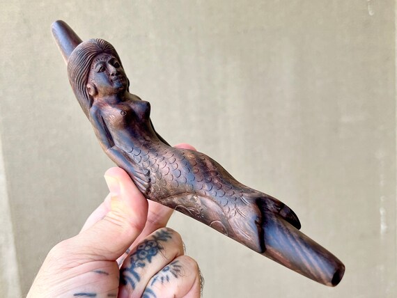 Mermaid Tepi, Dark Wood Single Block Tepi Pipe, Hand Carved Shamanic Applicator Pipe for Ceremony