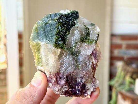 Unicorn Stone Quartz , Green Tourmaline & Lepidolite, 360g, Custom Stand Included, Coronel Murta, Minas Gerais, Brazil V550