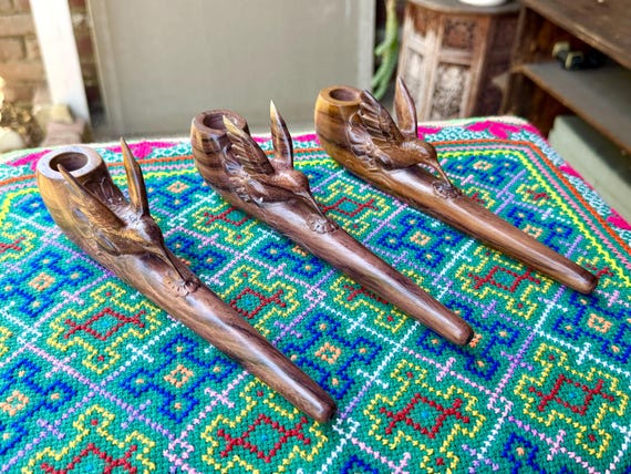 Hummingbird Pipe, Traditional Wooden Tobacco Pipe for Shamanic Ceremony, Hand Carved from Natural Tropical Hardwood