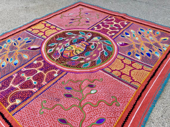 Shipibo Manta Cloth with Snakes, 29" x 24", Embroidered Shamanic Altar Cloth for Ceremony or Mesa, Peruvian Artist Isabel Franchini