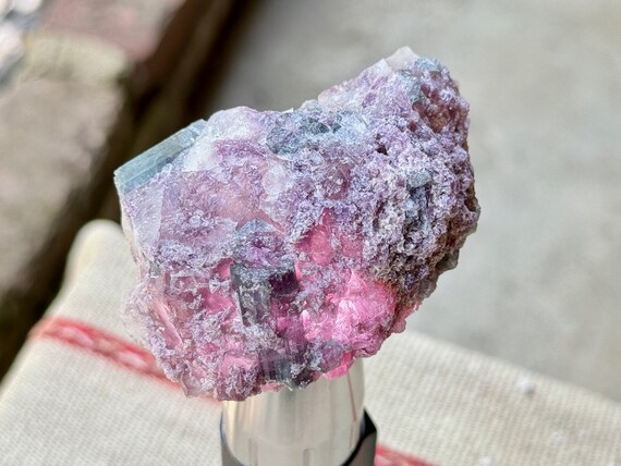 Purple Lepidolite Quartz with Pink and Teal Tourmaline, 116g, Unicorn Stone, Heart Chakra Crystal, Aricanga Mine, Minas Gerais, Brazil R062