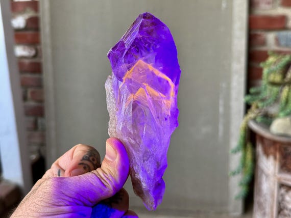 Powellite Phantom Root Quartz with Amethyst, Natural & UV Reactive, 283g, New Find, Raw and Unpolished, Bahia, Brazil V064