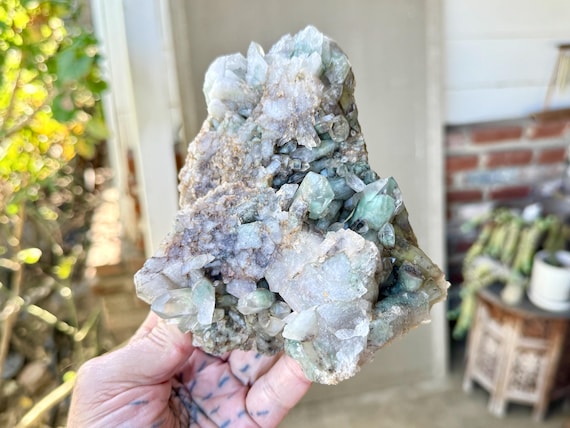 Green Chlorite Phantom Quartz Cluster, Self-Standing, 985g, Crystal for Heart Healing & Purification, Minas Gerais, Brazil X859