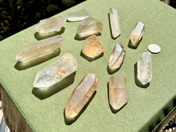 Lemurian Quartz Mixed Lot, 12 Pieces (825g) of Tangerine, Clear, Golden Healer and Smoky Lemurians, Minas Gerais, Brazil WS139