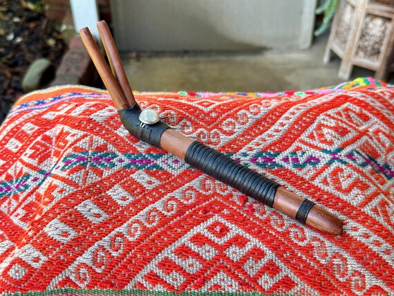 Double Tepi Pipe with Moonstone, Handcrafted Traditional Shamanic Applicator Pipe, Natural Teak Wood