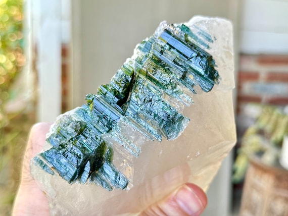 Cathedral Quartz with Vibrant Green Tourmaline Inclusions, 2.3 Kilo, Massive Quartz Statement Piece, Minas Gerais, Brazil W359