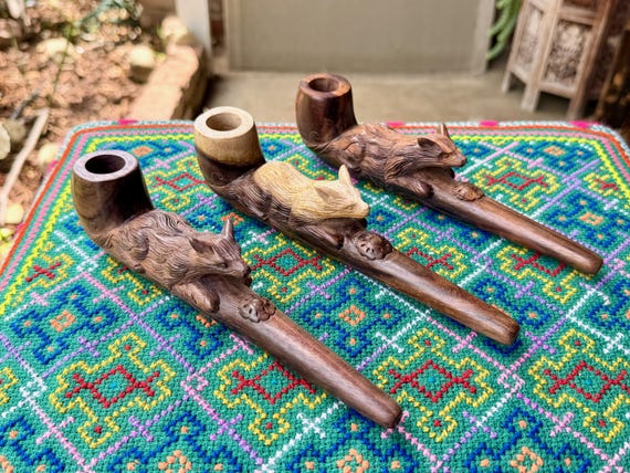 Shaman Wolf Pipe, Traditional Wooden Tobacco Pipe for Shamanic Ceremony, Hand Carved from Natural Tropical Hardwood