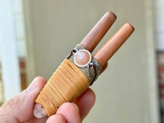 Double Kuripe with Pink Tangerine Sunstone, Traditional Dual Shamanic Applicator Pipe, Handcrafted from Tropical Hardwood