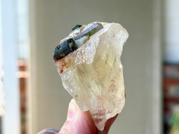 Citrine with Green Tourmaline, 93g, New Find, Solar Plexus & Heart Chakra, Coronel Murta, Minas Gerais, Brazil T070