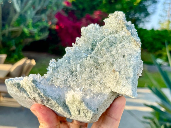Himalayan Quartz Plate Formation with Green Schist Chlorite, Self-Standing Aesthetic Crystal for Display, High Altitude Quartz, India W219