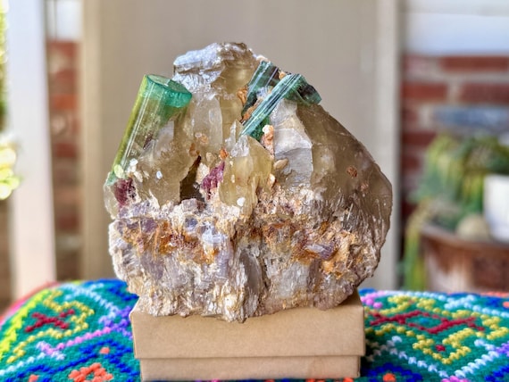 Citrine with Bicolor Tourmaline, Self-Standing, 578g, Unicorn Stone with Green & Pink Tourmaline, Coronel Murta, Minas Gerais, Brazil V049