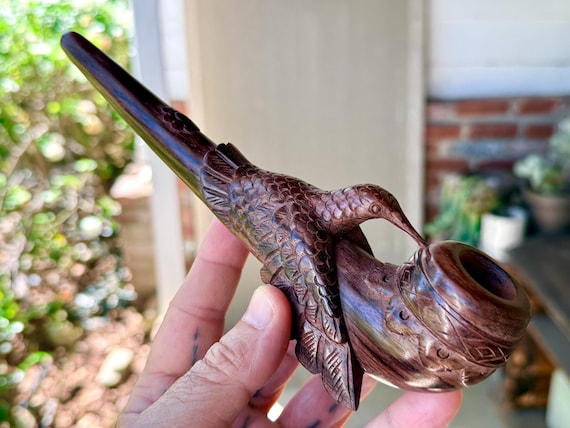 Hummingbird Pipe, Traditional Wooden Tobacco Pipe for Shamanic Ceremony, Hand Carved from Natural Tropical Hardwood