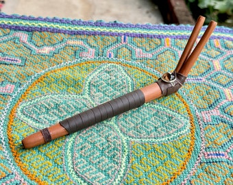 Double Tepi Pipe with Smoky Quartz, Handcrafted from Natural Sawo Wood, Shamanic Applicator