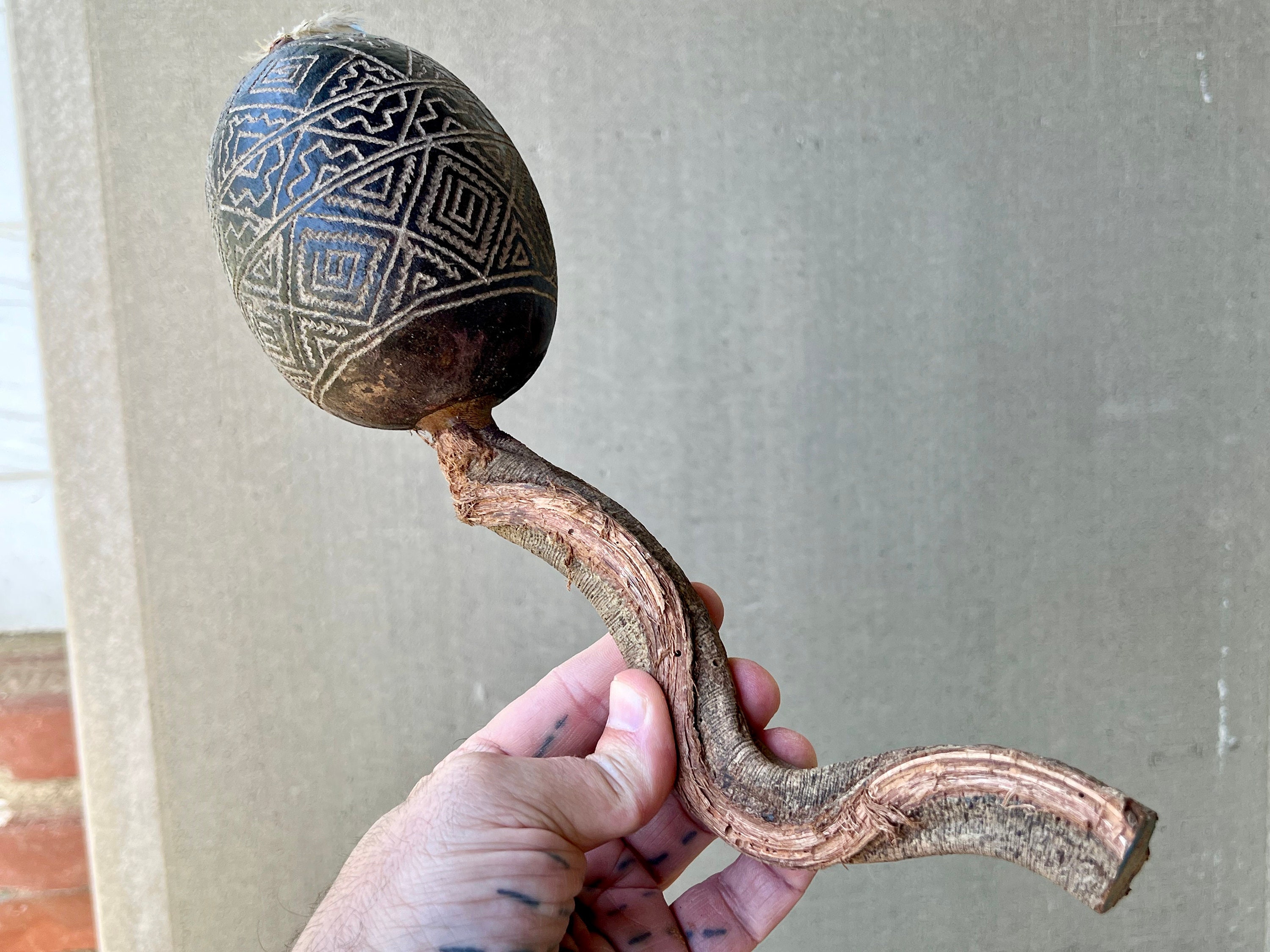 Shaman Rattle with Ayahuasca Vine Handle, Traditional Shipibo Gourd ...