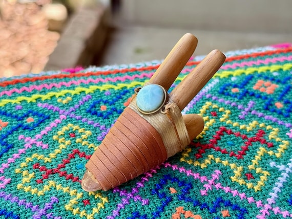 Double Kuripe with Amazonite, Traditional Shamanic Applicator Pipe, Hand Crafted from Natural Teak Wood