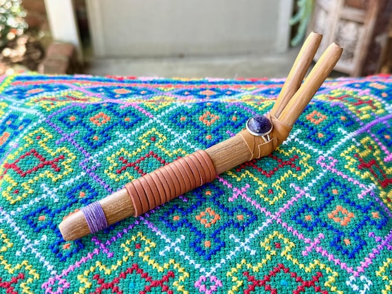 Double Tepi Pipe, Traditional Shamanic Applicator Pipe, Handmade Wooden Tepi with Lepidolite