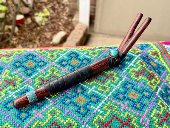 Double Tepi Pipe with Turquoise, Traditional Shamanic Applicator Handcrafted from Natural Dark Tamarind Wood