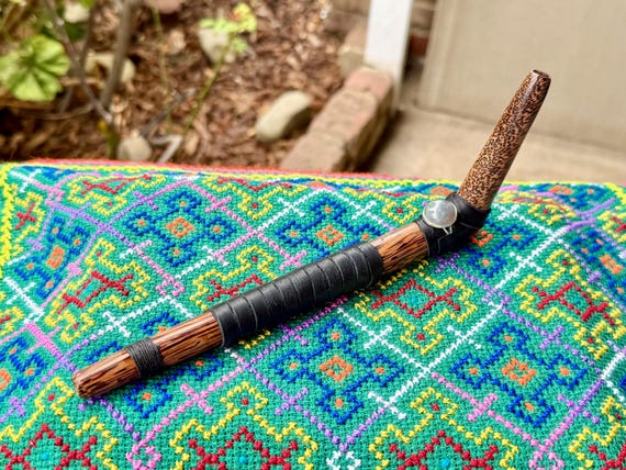 Tepi Pipe with Labradorite, Traditional Shamanic Applicator Pipe, Handcrafted from Solid Coconut Wood