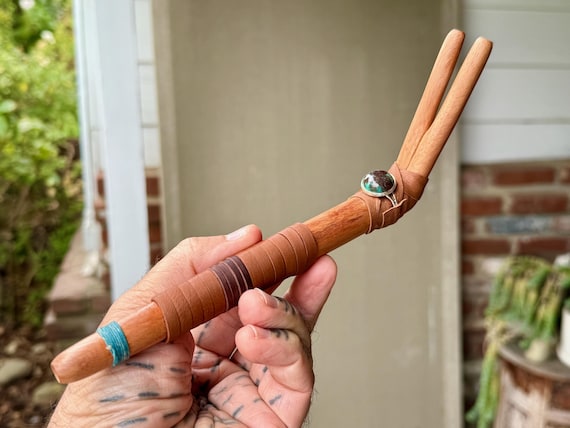 Double Tepi Pipe with Chrysocolla, Handcrafted from Natural Sawo Wood, Shamanic Applicator