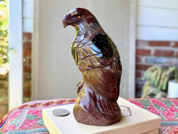 Andean Eagle Statue from Peru, Hand Carved from Solid Black Onyx and Septarian Stone, Eagle Totem Protector by Artist Ozwaldo Perez